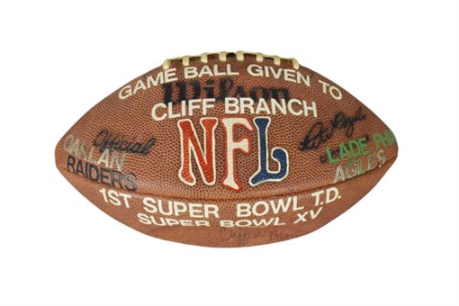 Super Bowl XV Game Used Signed Football Caught by Cliff Branch for 1st TD of Game
